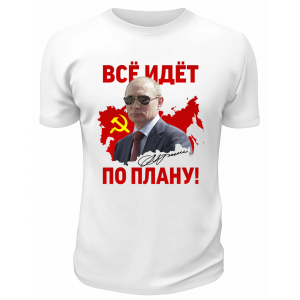 Футболка белая  Всё идёт по плану Путин в очках
