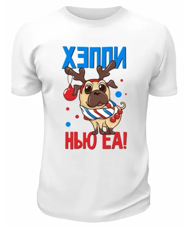 Футболка белая Мопс в оленьих рогах