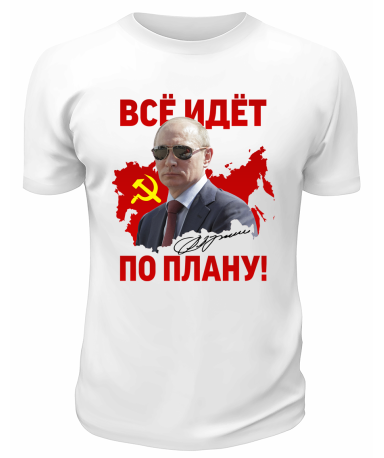Футболка белая  Всё идёт по плану Путин в очках