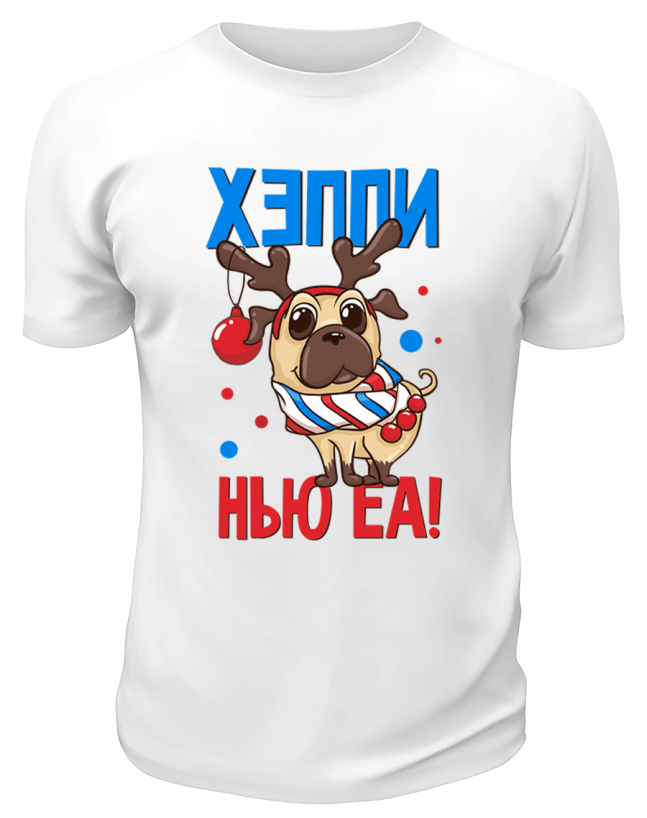 Футболка белая Мопс в оленьих рогах